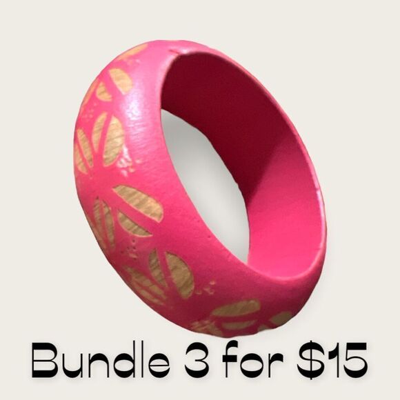 Bundle Sale 3 for $15 | Pink Patterned Wooden Bangle Bracelet - Picture 5 of 11